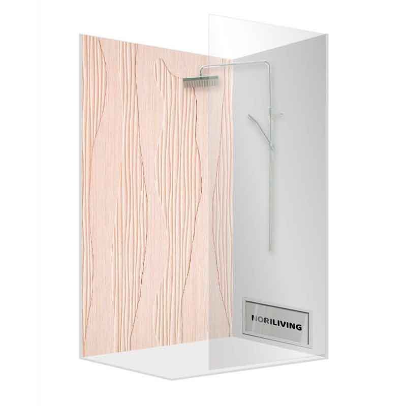 Ecke einer Duschkabine mit Holzstruktur-Wand und moderner Regenbrause, NORI LIVING Logo sichtbar
