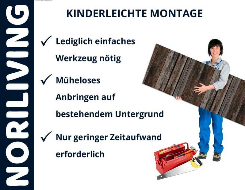 Person hält Holzplatte, daneben Text über einfache Montage mit NORILIVING; nur einfaches Werkzeug und geringer Zeitaufwand nötig.