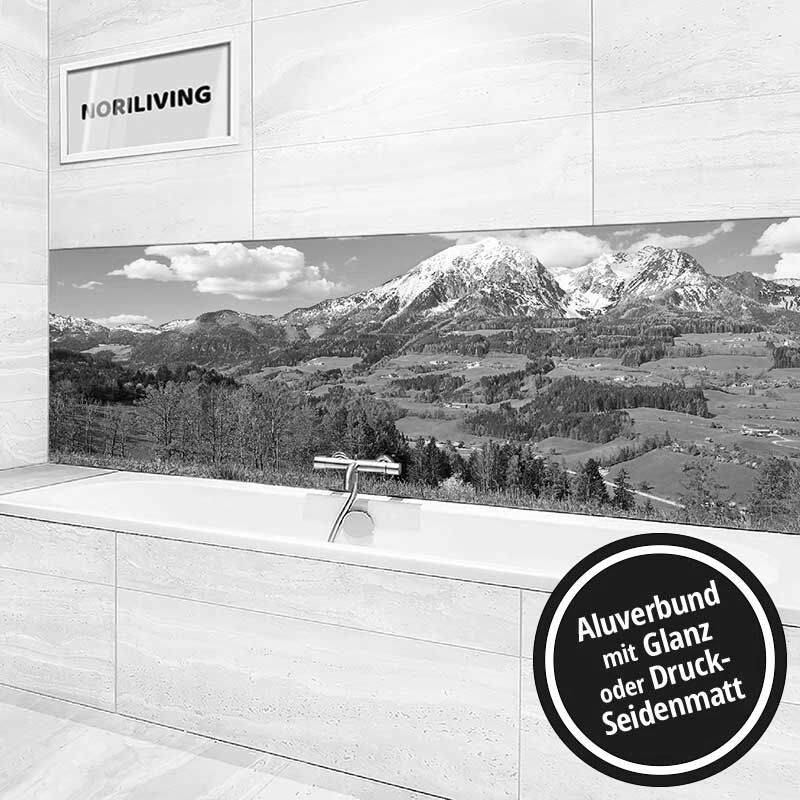 Ansicht des Badrückwand-Motivs Alpenlandschaft im Frühling 453 schwarz-weiß Höhe zentriert
