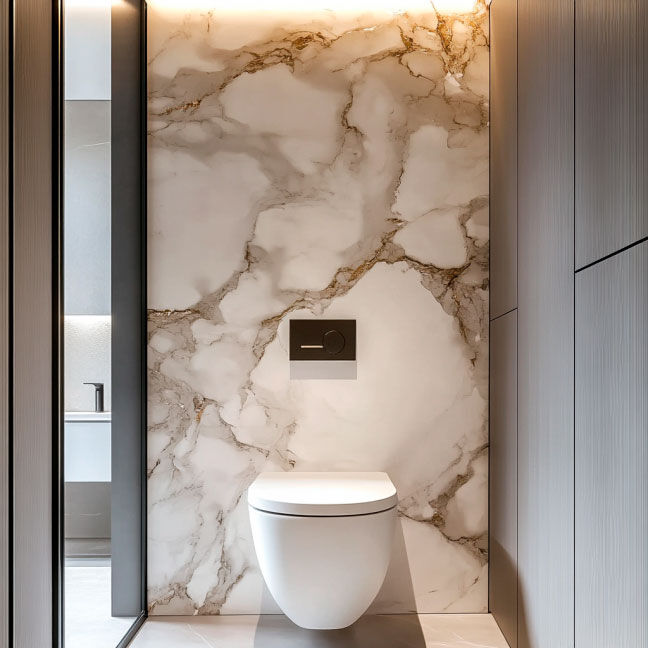 Moderne Toilette mit Marmorwand und Beleuchtung Toilette in einem modernen Badezimmer mit Marmorwand und indirekter Beleuchtung