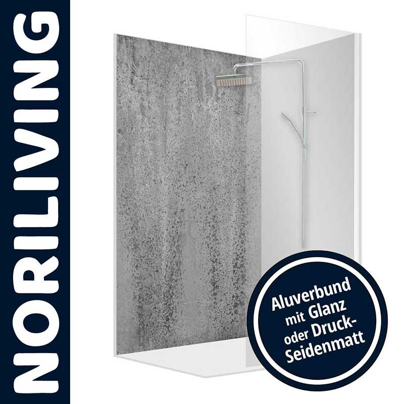 Moderne Duschkabine von NORILIVING mit Aluverbundwand in Glanz- oder Druck-Seidenmatt-Optik