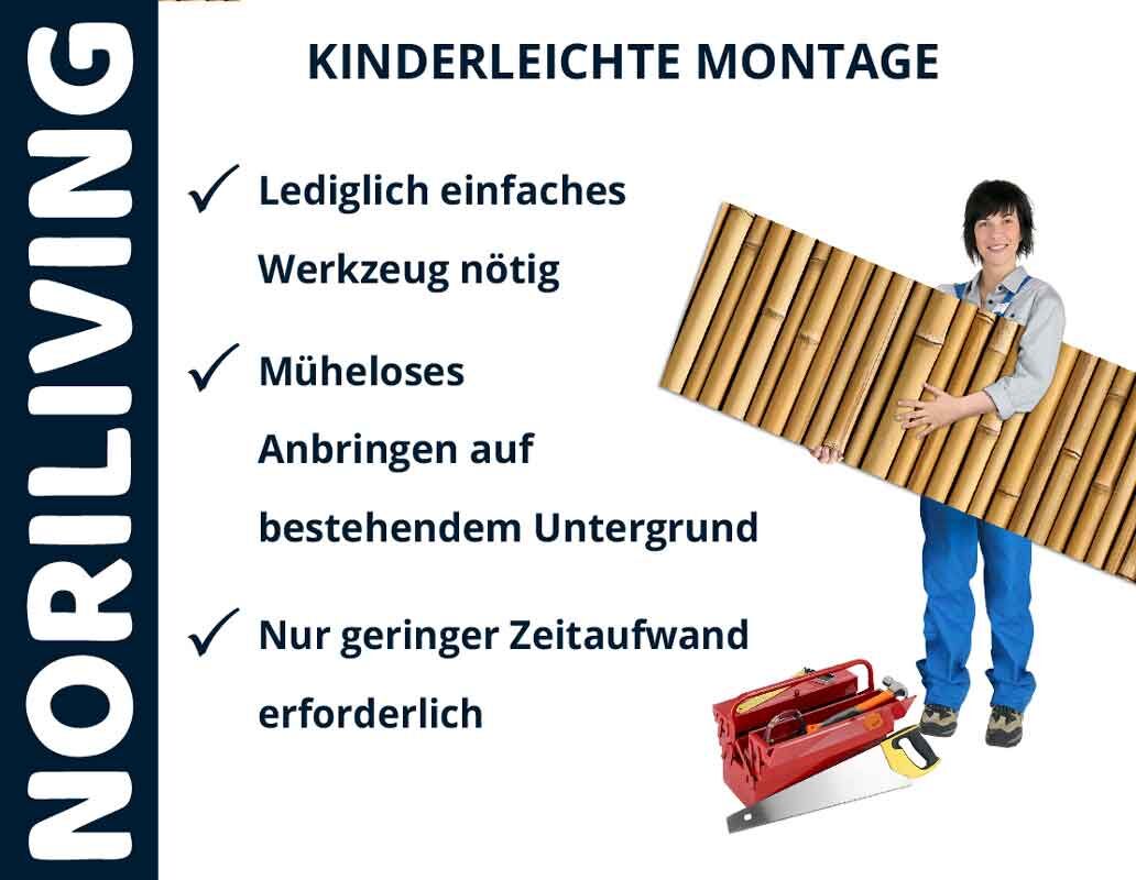 Frau mit Bambusplatten und Werkzeugkasten zur leichten Montage