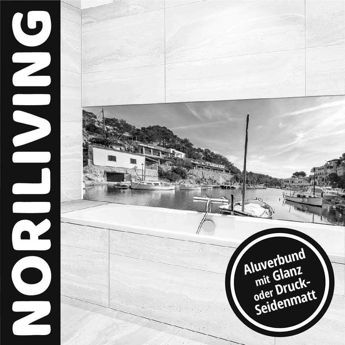 Ansicht des Badrückwand-Motivs Idyllisches Fischerdorf Port De Cala Figuera 889 schwarz-weiß Oberkante