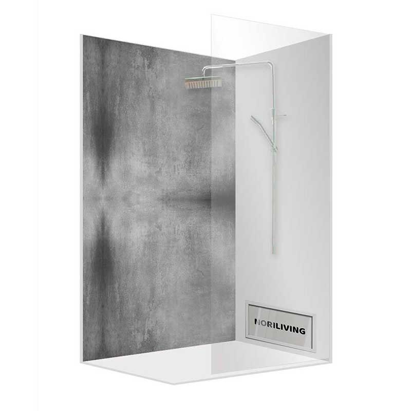 Abbildung einer modernen Duschkabine mit Regendusche und Betonwand-Design