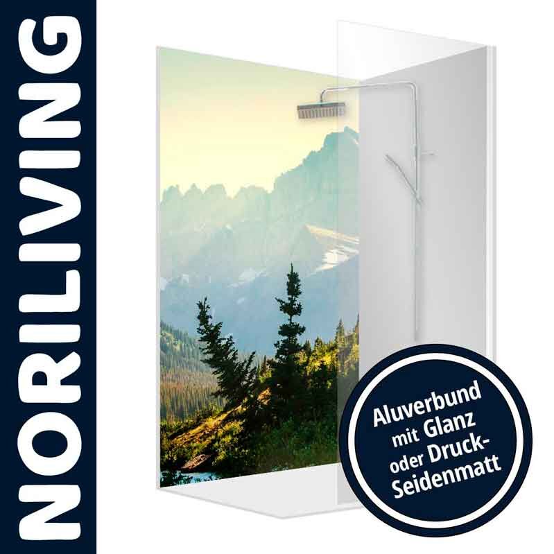 Dekorative Duschwand von Noriliving mit Berglandschaftsmotiv aus Aluverbund, wahlweise in Glanz oder Druck-Seidenmatt erhältlich.