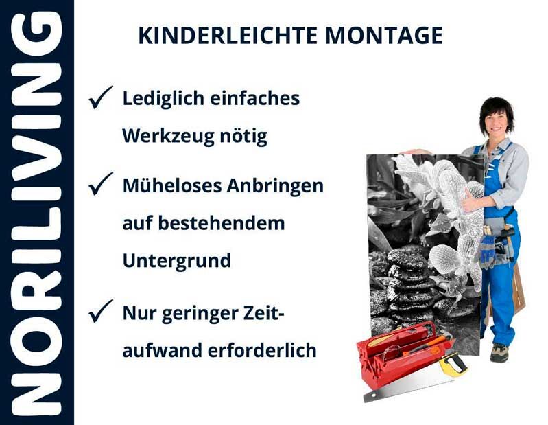 Frau hält Platte mit Blumendruck, umgeben von Werkzeugen, daneben Text: Kinderleichte Montage, einfaches Werkzeug, müheloses Anbringen, geringer Zeitaufwand