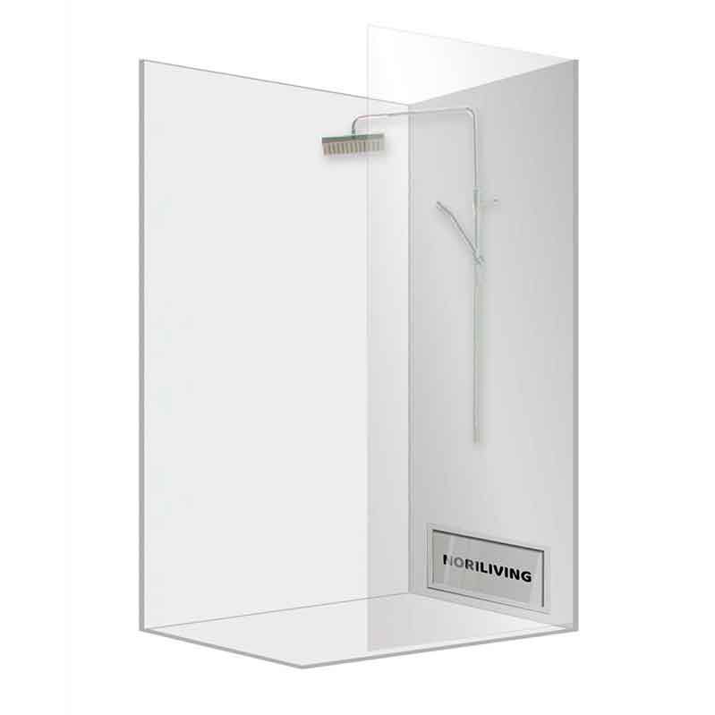 Glaseckdusche mit Regenduschkopf und minimalistischen Armaturen von NoriLiving