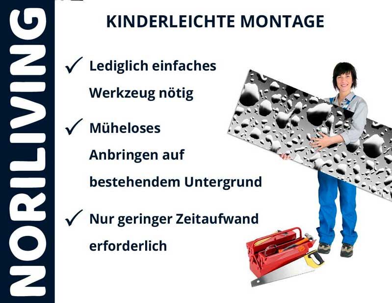 Person hält Dekorplatte; Text über einfache Montage mit minimalem Werkzeug und Zeitaufwand; Marke Noriliving