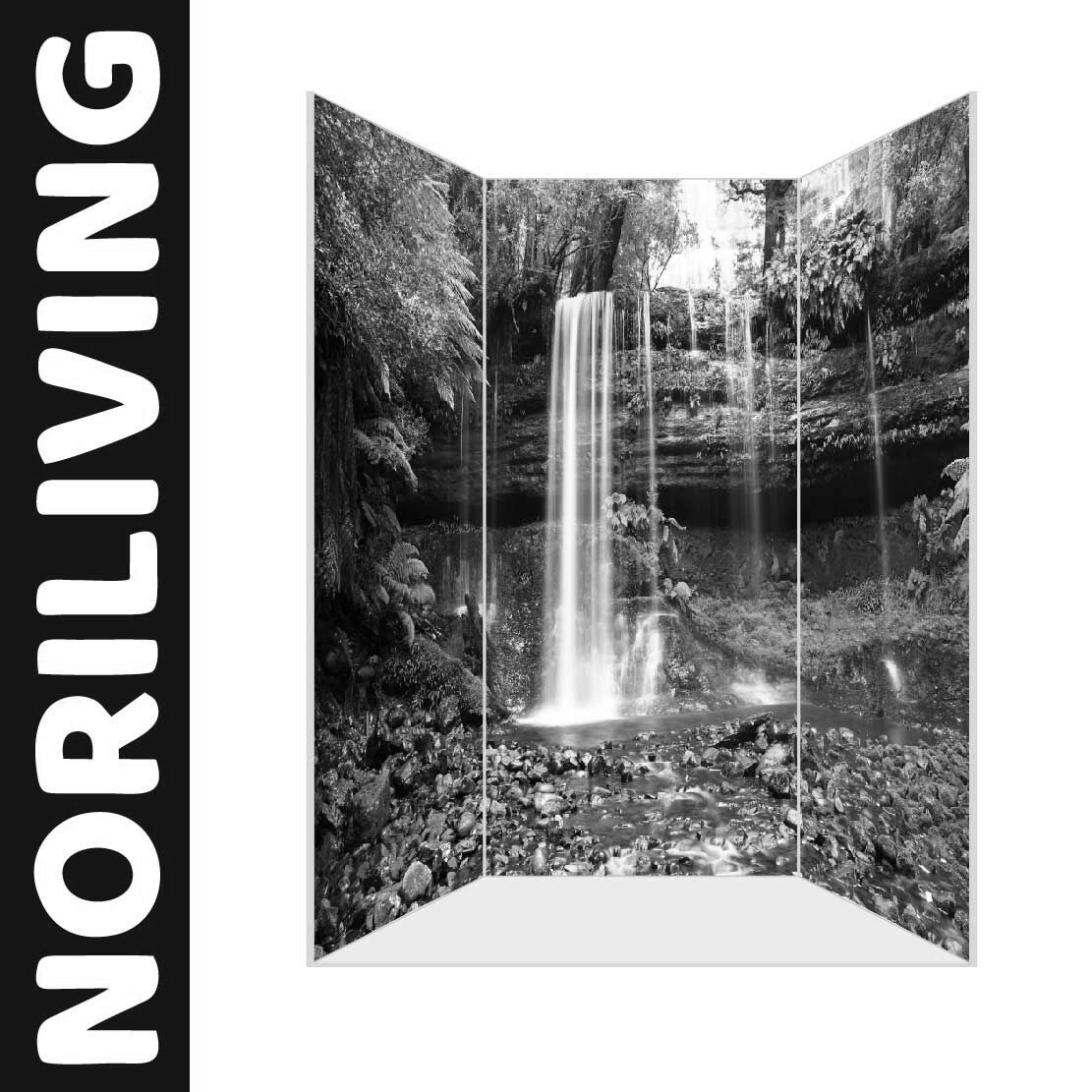 Nischen-Duschrückwand Motiv Russel Wasserfall Tasmanien 264 schwarz-weiß Abbildung einer Nischen-Duschrückwand mit Motiv Russel Wasserfall Tasmanien 264 schwarz-weiß