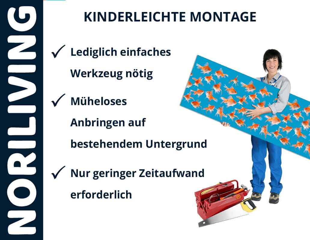 Person hält dekoratives Noriliving Produkt, einfache Installation mit minimalem Werkzeug, geringer Zeitaufwand nötig