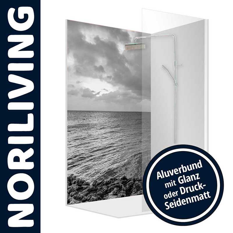 Schwarz-weiß Duschwand mit Meerblick-Motiv, Aluverbund mit Glanz oder Druck-Seidenmatt von Noriliving