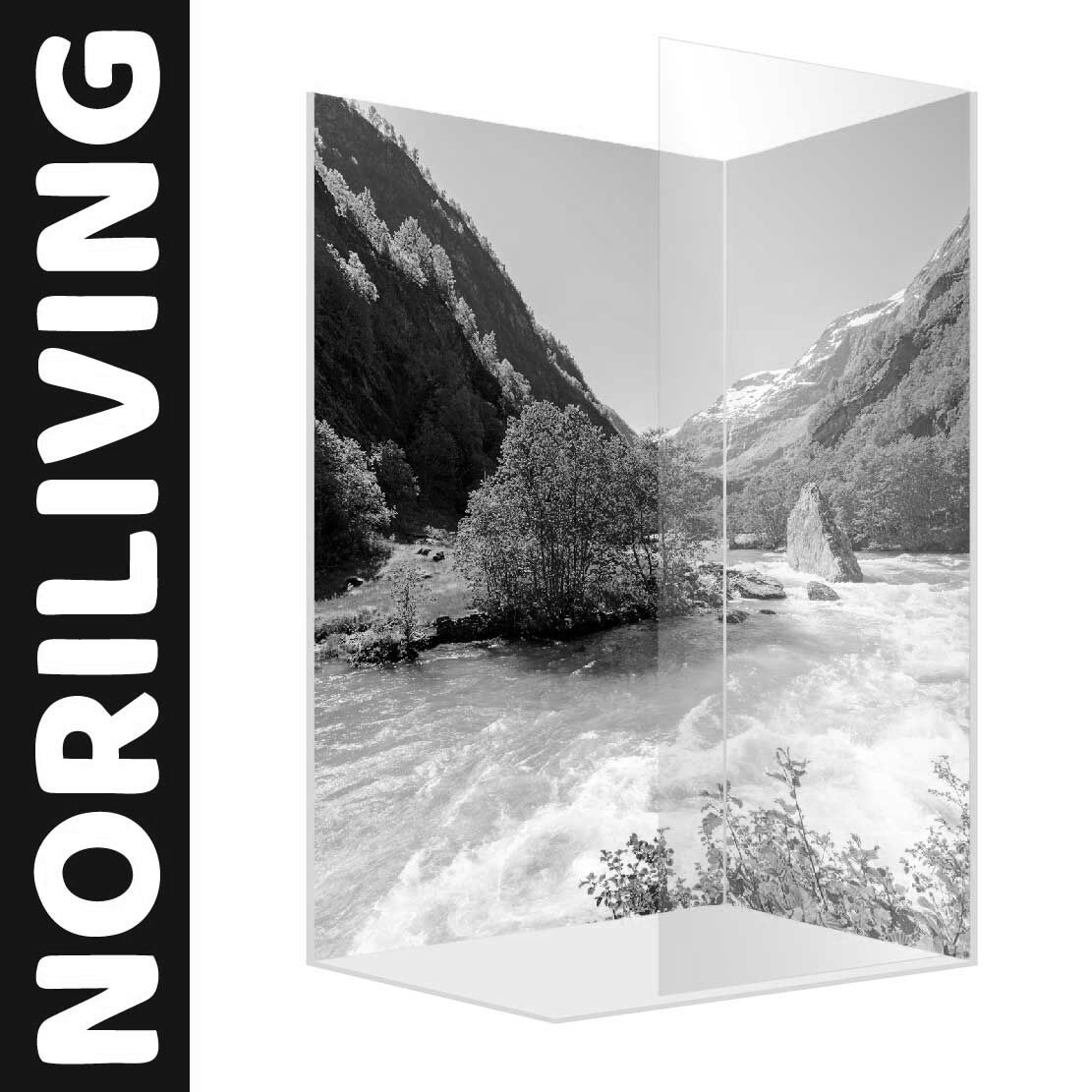 Abbildung einer Eck-Duschrückwand mit Motiv Schönes Flam-Tal in Norwegen 082 schwarz-weiß