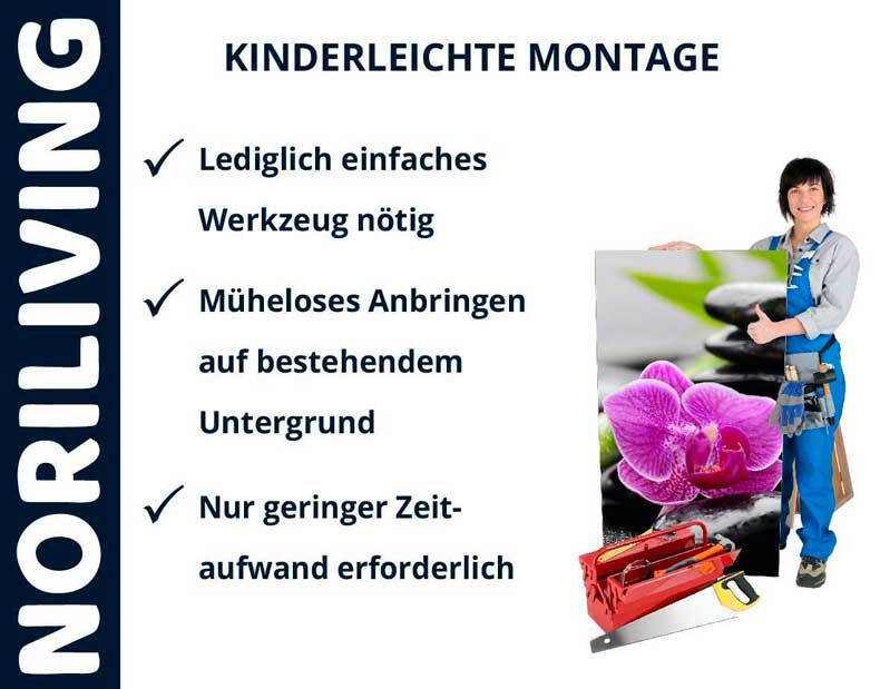 Person mit Werkzeugkasten und Wanddekoration, kinderleichte Montagehinweise von NORILIVING