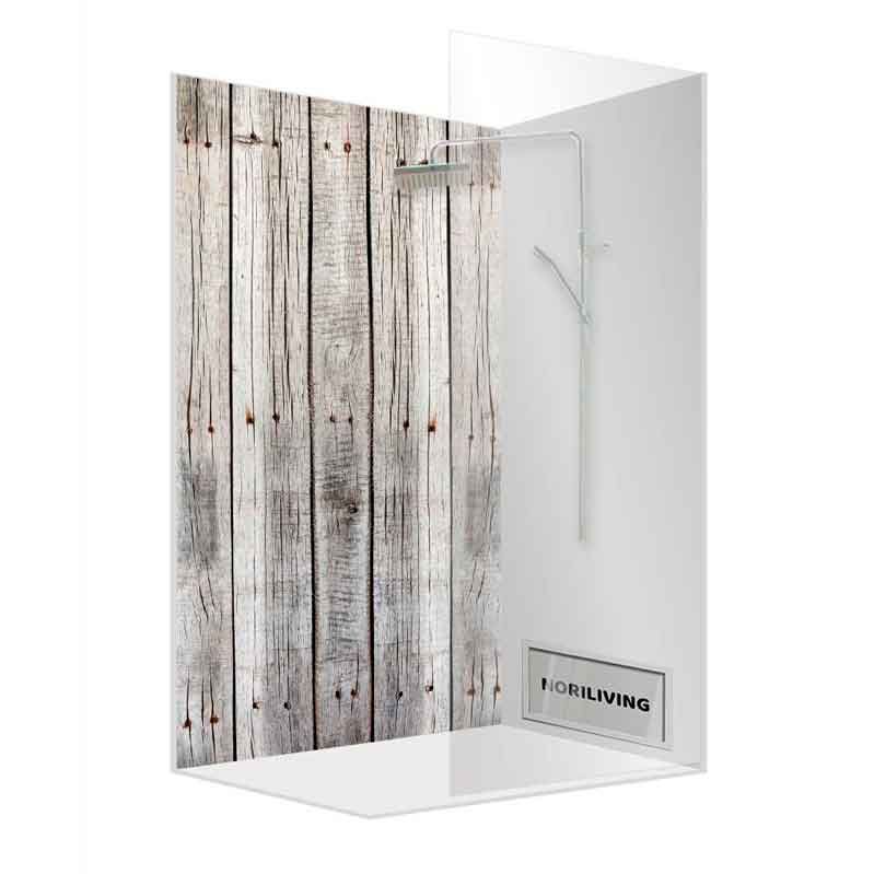 Moderne Walk-In-Duschwand mit Holzoptik und Glasaufsatz