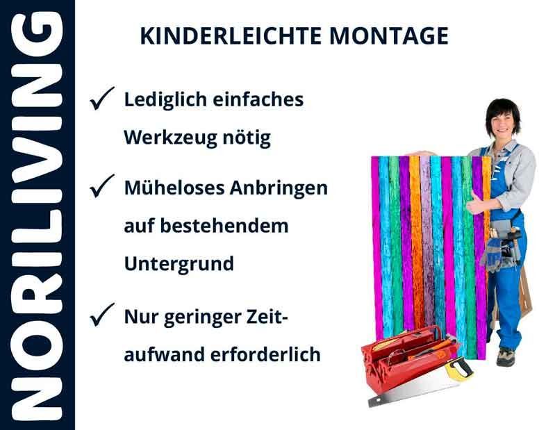Person mit bunter Paneelwand und Werkzeug, Schriftzug erklärt einfache Montage mit wenig Aufwand