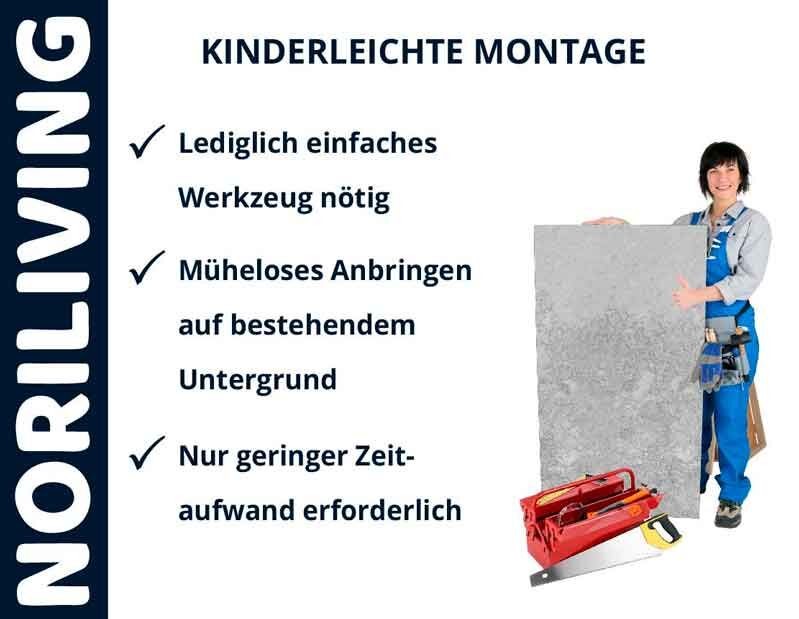 Handwerker mit Werkzeug und Platte, neben Text über einfache Montage mit geringem Aufwand