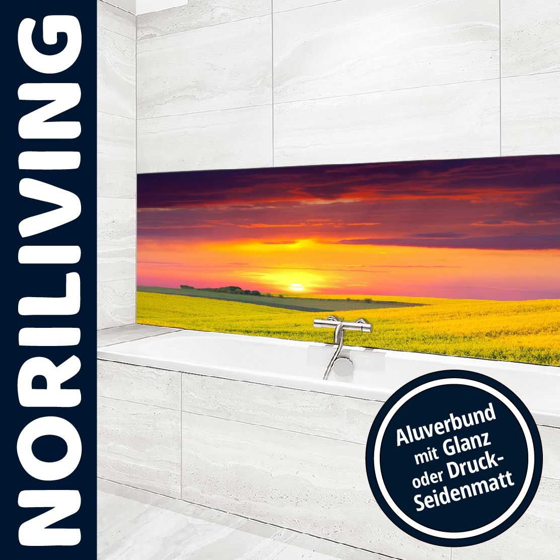 Ansicht des Badrückwand-Motivs Sonnenuntergang über einem Feld gelber Blumen 396 Oberkante