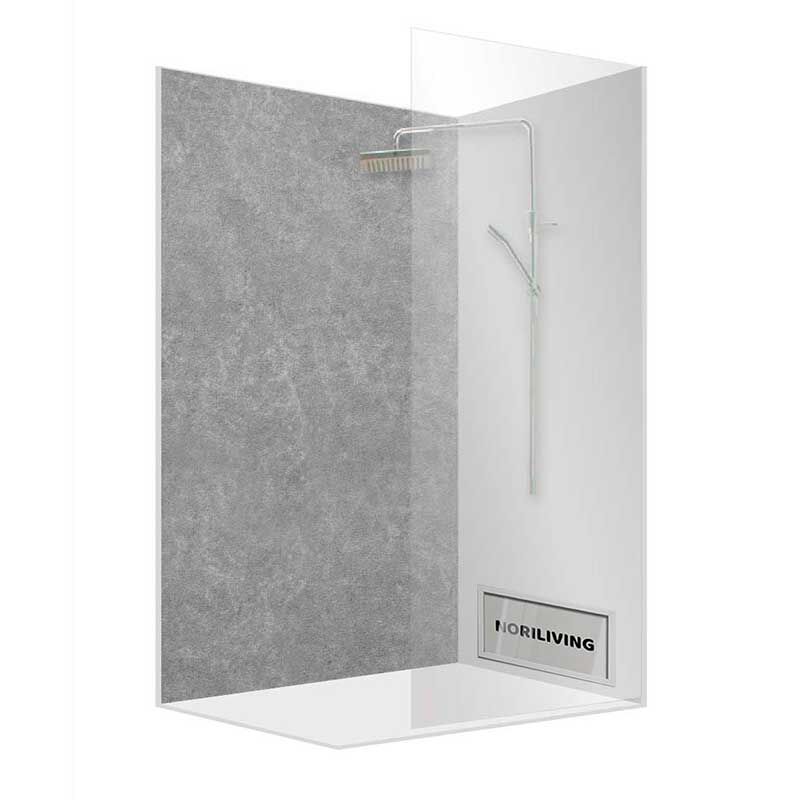 Moderne Dusche mit grauer Steinoptik-Wand und Glasabtrennung von Noriliving im minimalistischen Design