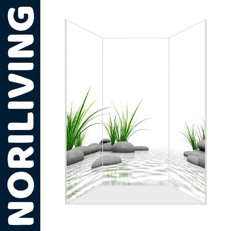 Duschabtrennung von NORILIVING mit grünen Pflanzen und Zen-Steinen auf einer Wasseroberfläche