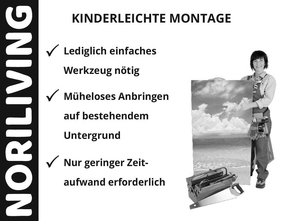 NORILIVING - Kinderleichte Montage mit geringem Werkzeugeinsatz und Zeitaufwand. Mühelos auf bestehendem Untergrund anbringbar.