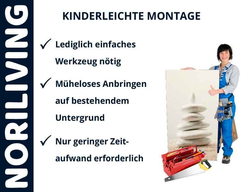 Noriliving-Werbung mit Montageanleitung: Einfache Installation, wenig Zeitaufwand, nur grundlegendes Werkzeug nötig. Frau mit Bild und Werkzeug abgebildet.