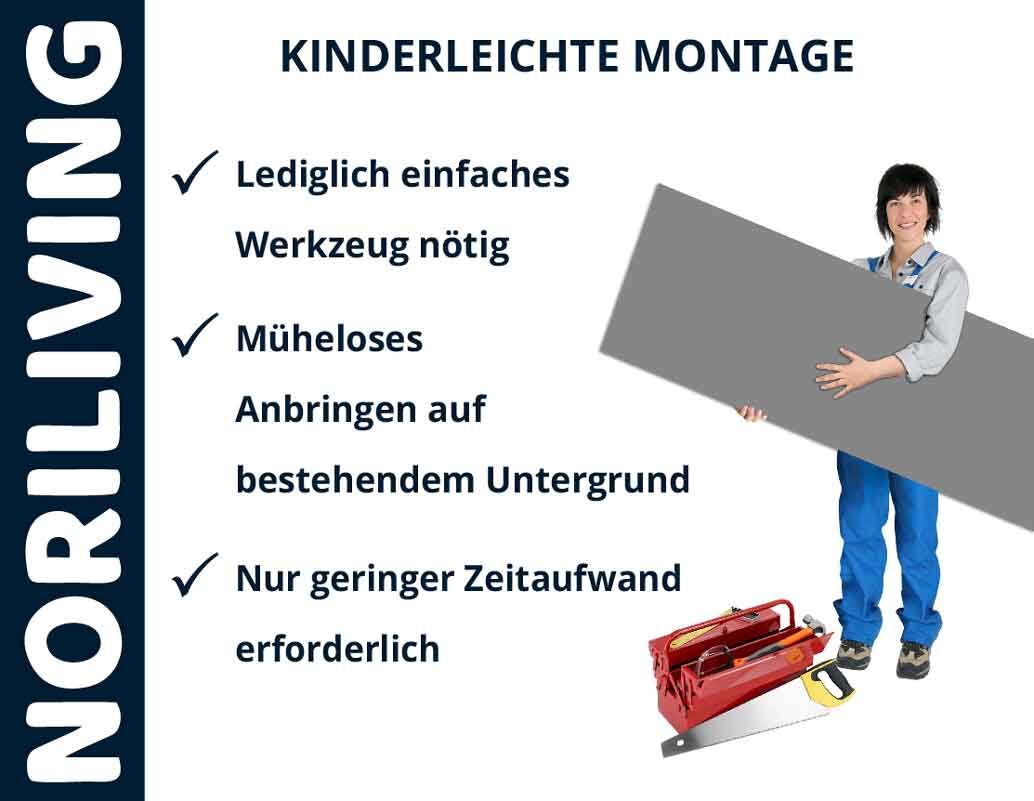 NORILIVING-Werbung: Person hält Platte, Werkzeuge unten, Text über einfache Montage mit wenig Aufwand
