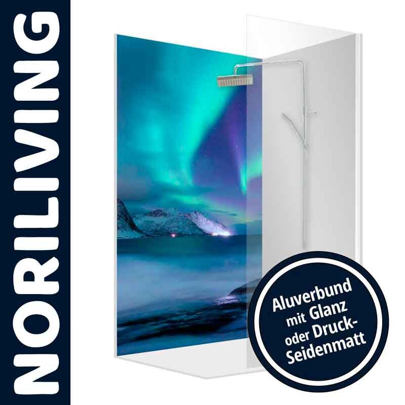 Duschkabine von NORILIVING mit Polarlichter-Motiv, Aluverbund mit Glanz oder Druck-Seidenmatt