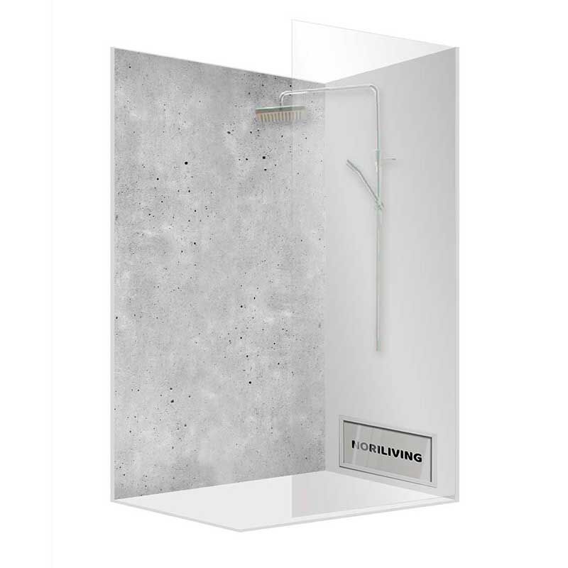 Eckige Duschkabine mit Betonoptik-Wand und Glasabtrennung
