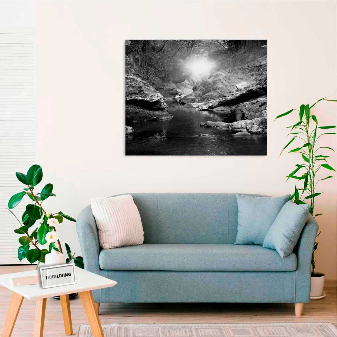 Wandbild über dem Sofa mit Motiv Fluss im Wald 131 schwarz-weiß