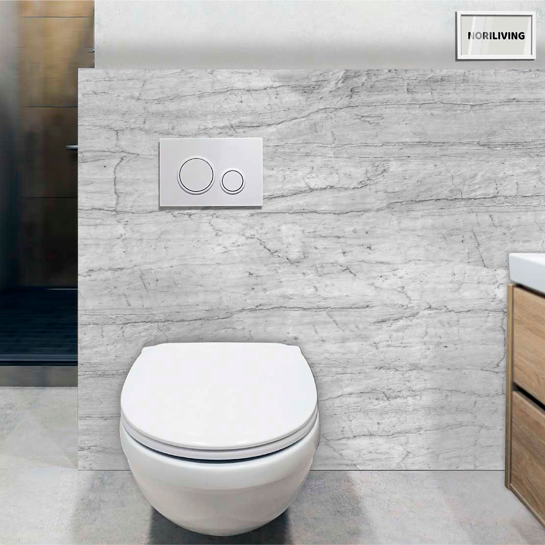 im WC eingebaute Toilettenrückwand mit Motiv Pastellfarbige Wandstruktur 566 schwarz-weiß