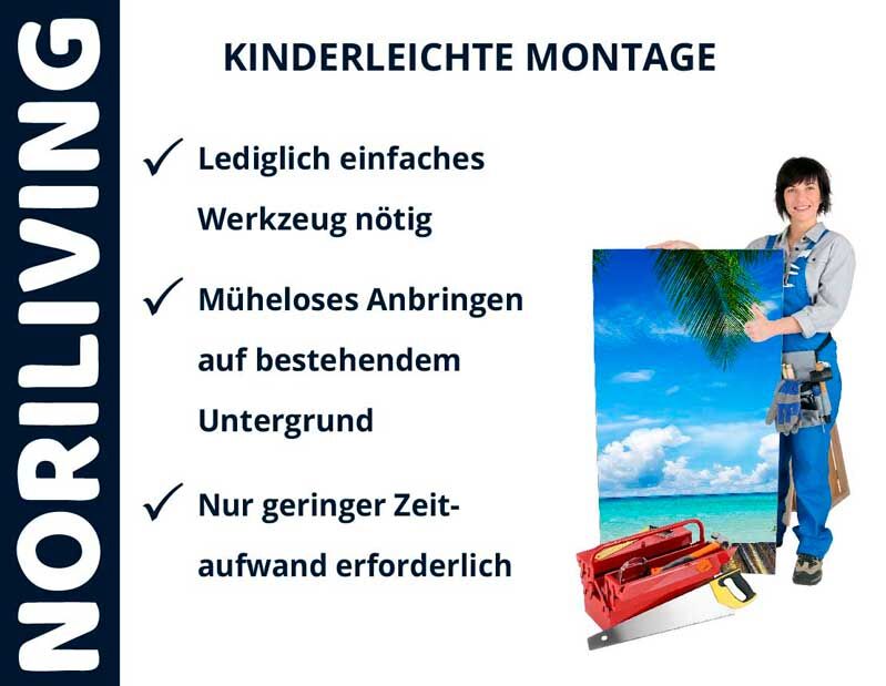 NoriLiving: Kinderleichte Montage mit einfachem Werkzeug Person präsentiert einfache Montage für NoriLiving Produkte: Lediglich einfaches Werkzeug nötig, müheloses Anbringen auf bestehendem Untergrund und nur geringer Zeitaufwand erforderlich.