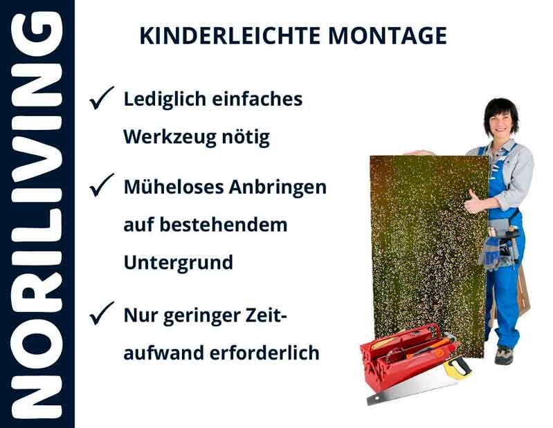 Frau in Arbeitskleidung zeigt einfache Montage eines Produkts mit wenig Werkzeug und geringem Zeitaufwand
