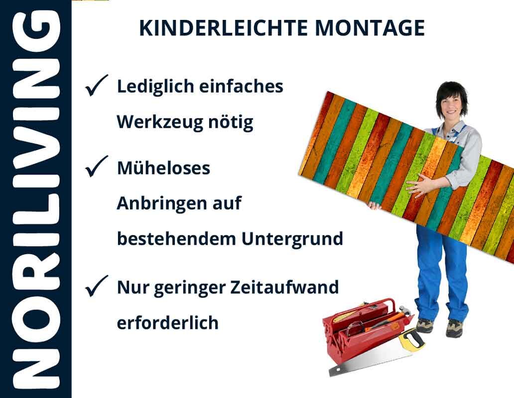 Person mit buntem Paneel und Werkzeug. Kinderleichte Montage, lediglich einfaches Werkzeug nötig, müheloses Anbringen auf bestehendem Untergrund, geringer Zeitaufwand notwendig.