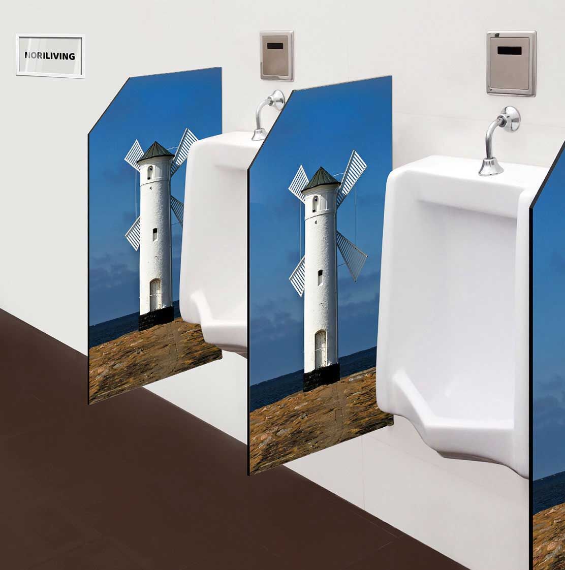 in der Toilette eingebaute Schamwand mit Motiv Leuchtturm Windmühle weiß 360
