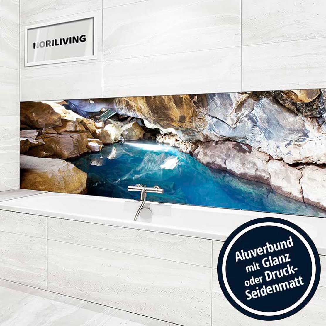 Ansicht des Badrückwand-Motivs Fluss in Höhle in Island 348 Höhe zentriert