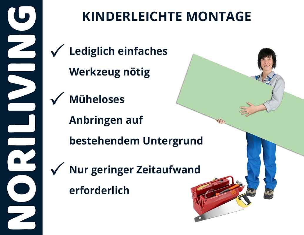 Person mit grünem Paneel, Werkzeug und Texten zur einfachen Montage von NORILIVING