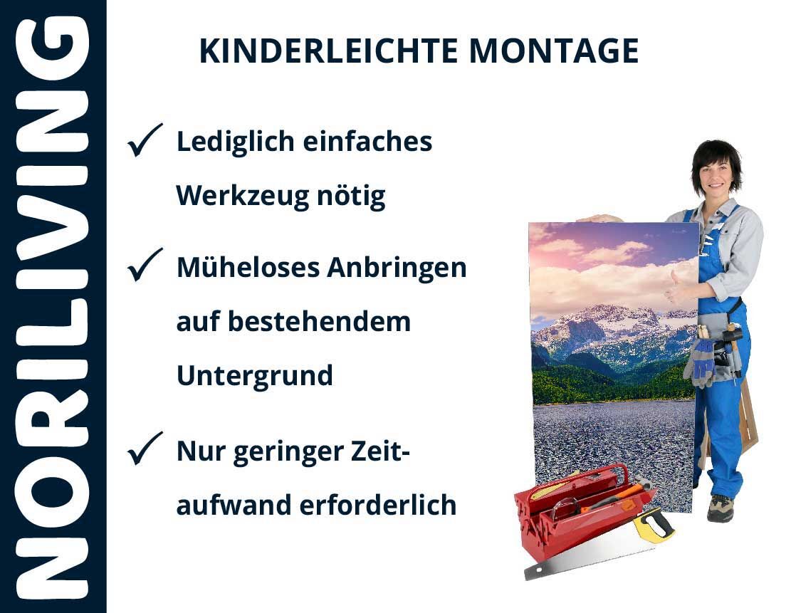 Bild mit Kinderei leichte Montageanleitung, einfacher Werkzeugbedarf, müheloses Anbringen auf bestehendem Untergrund, und geringer Zeitaufwand mit Noriliving-Logo.