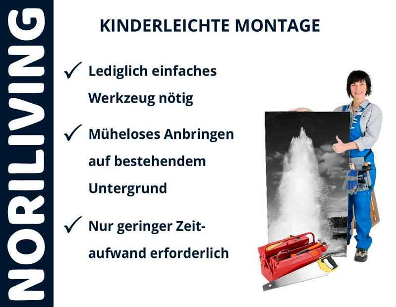 Werbung für Noriliving zeigt eine einfache Montageanleitung mit Person und Werkzeug