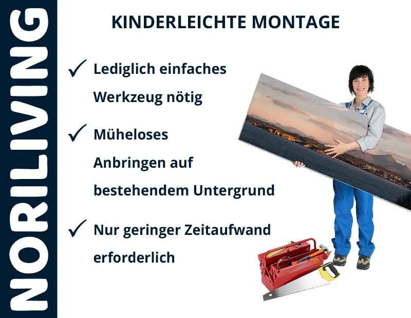 Frau mit Bild und Werkzeugkasten zeigt die einfache Montage von NORILIVING-Produkten