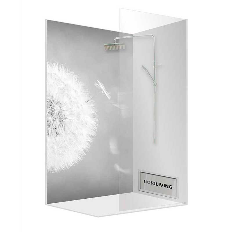 Moderne Duschwand mit Regendusche und dekorativem Pusteblumen-Design