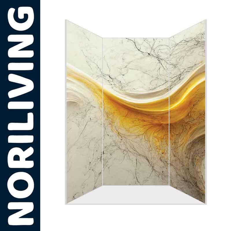 Moderner dreiteiliger Raumteiler mit gelbem Marmormuster und NORILIVING-Logo