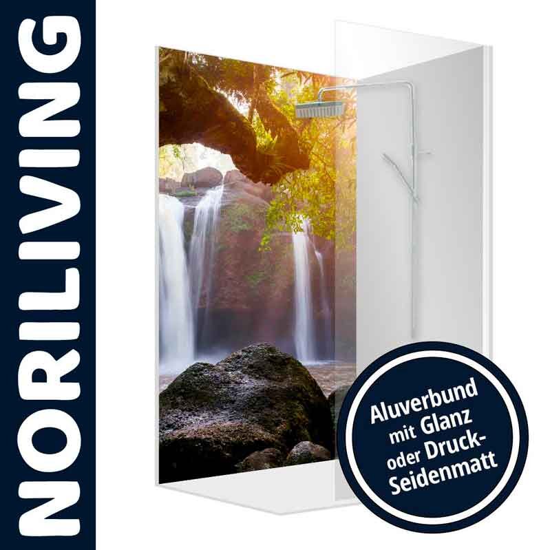 Duschwand mit Alubund in Glanz oder Druck-Seidenmatt und Wasserfall-Motiv von NORILIVING