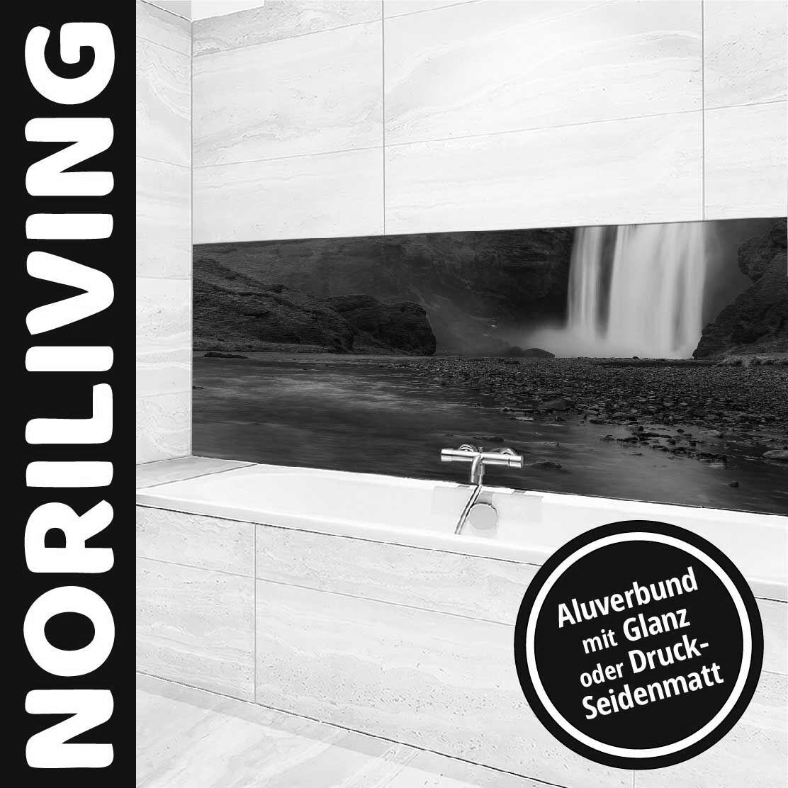Badezimmer mit Noriliving Wandverkleidung und Wasserfallmotiv in Aluverbund mit Glanz oder Druck-Seidenmatt