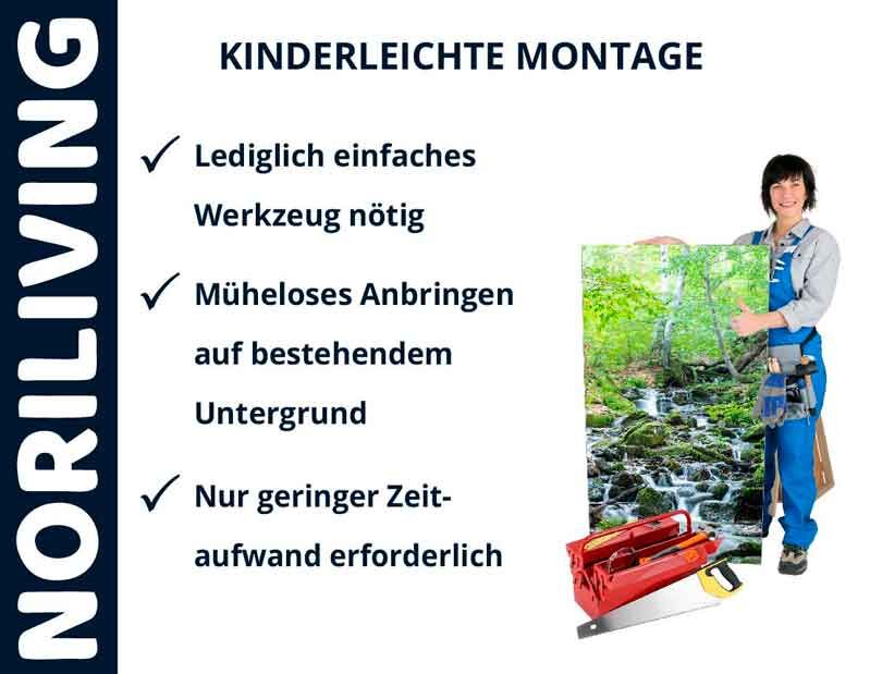 Person vor Bild mit Text 'Kinderleichte Montage', erklärt einfache Installation mit wenig Aufwand