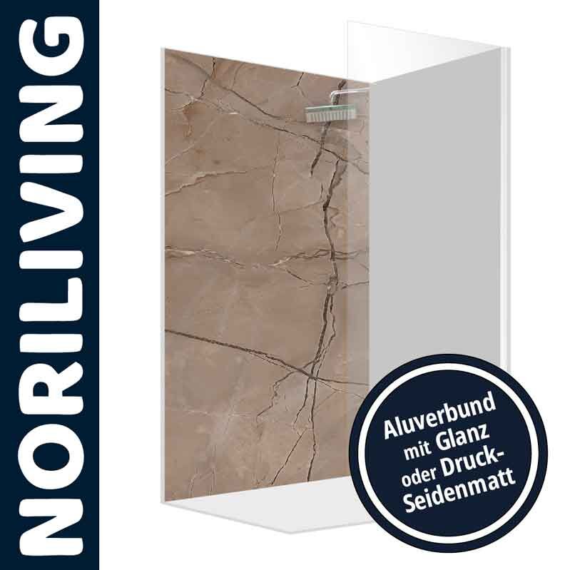 Moderne Duschwand der Marke NORILIVING aus Aluverbund, wahlweise mit glänzender oder seidenmatter Oberfläche in Marmor-Optik