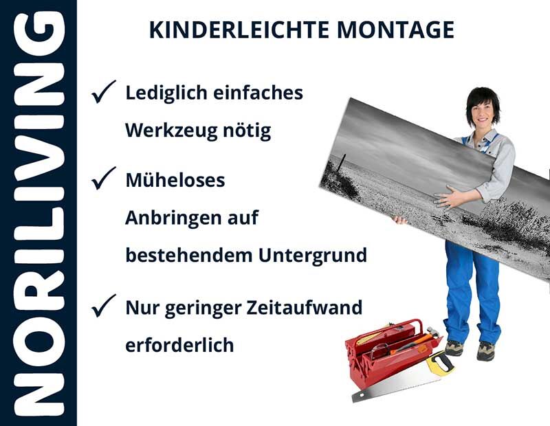 Person zeigt einfache Montage von Noriliving-Wandpaneelen mit wenigen Werkzeugen