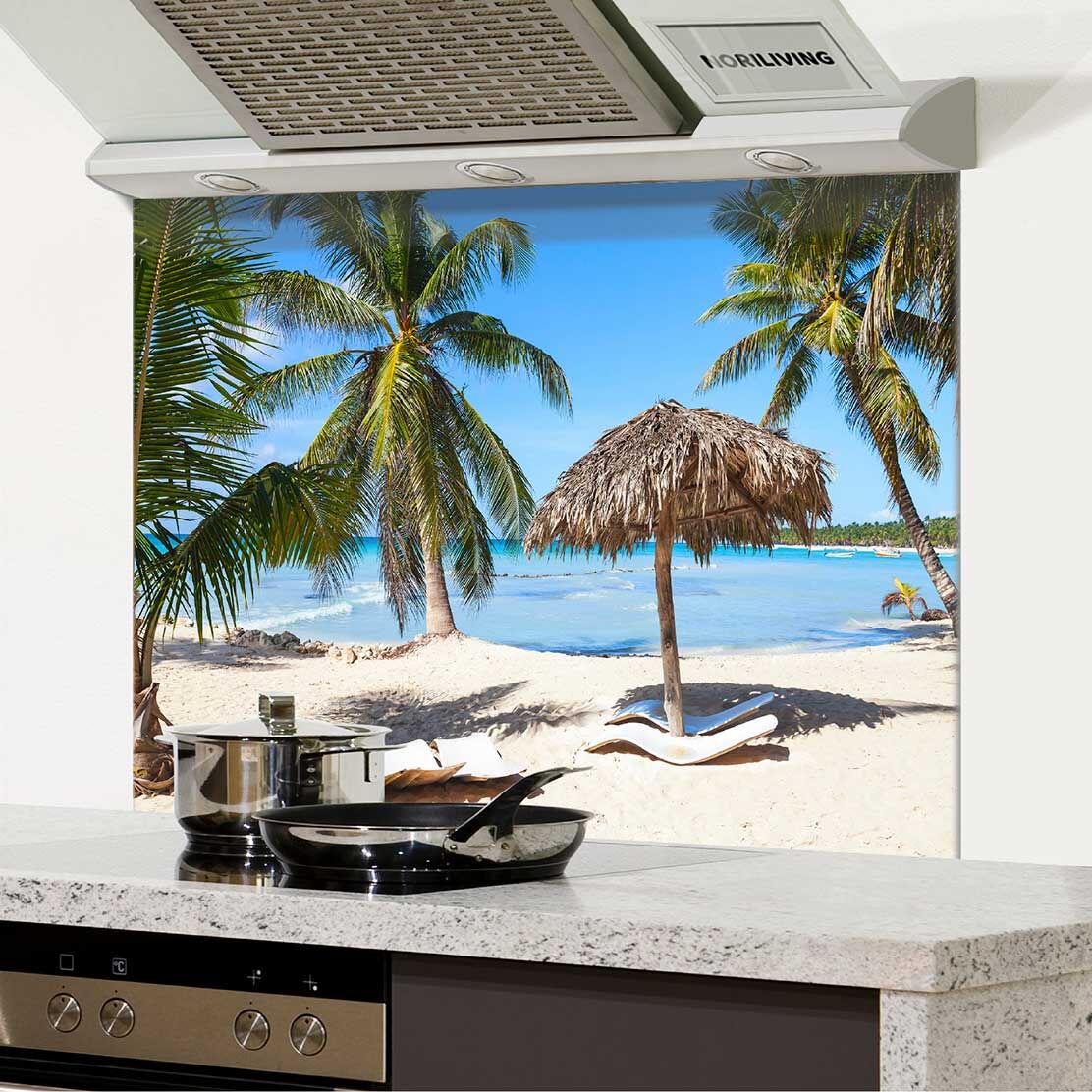 in der Küche eingebauter Spritzschutz Küche - Herd mit Motiv Kokospalmen am weißen Sandstrand Insel Saona 558