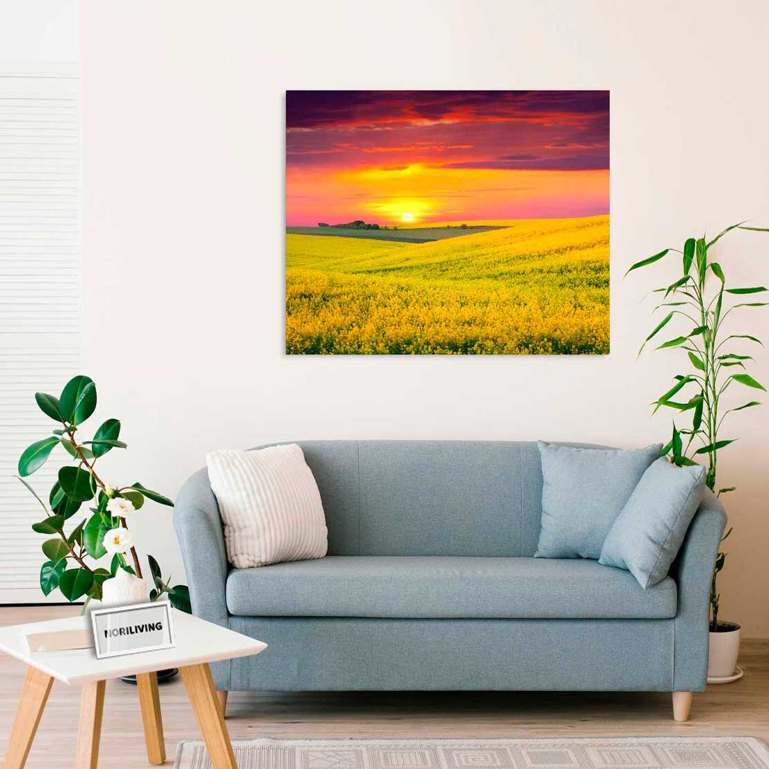 Wandbild über dem Sofa mit Motiv Sonnenuntergang über einem Feld gelber Blumen 396