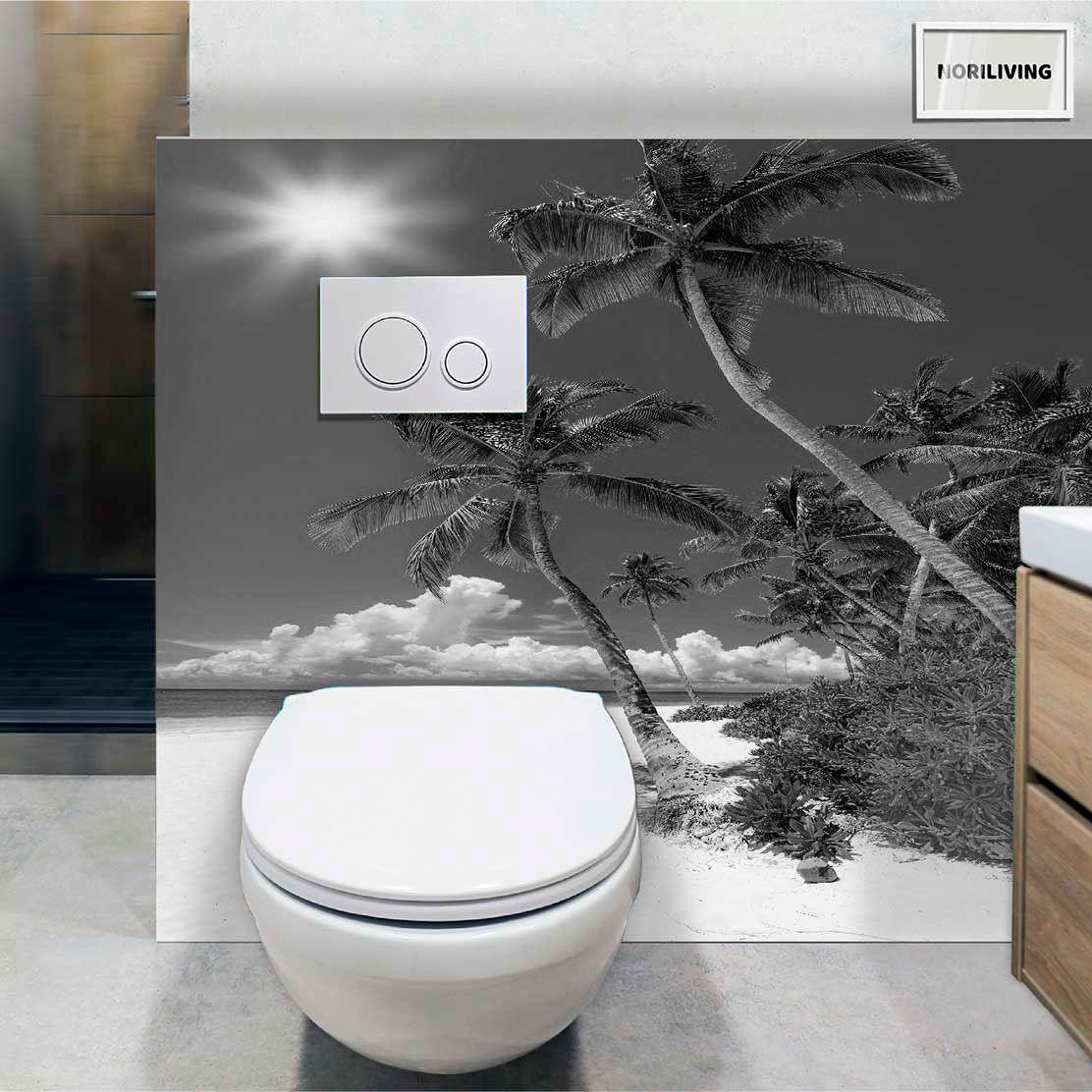 im WC eingebaute Toilettenrückwand mit Motiv Am Palmenstrand 771 schwarz-weiß
