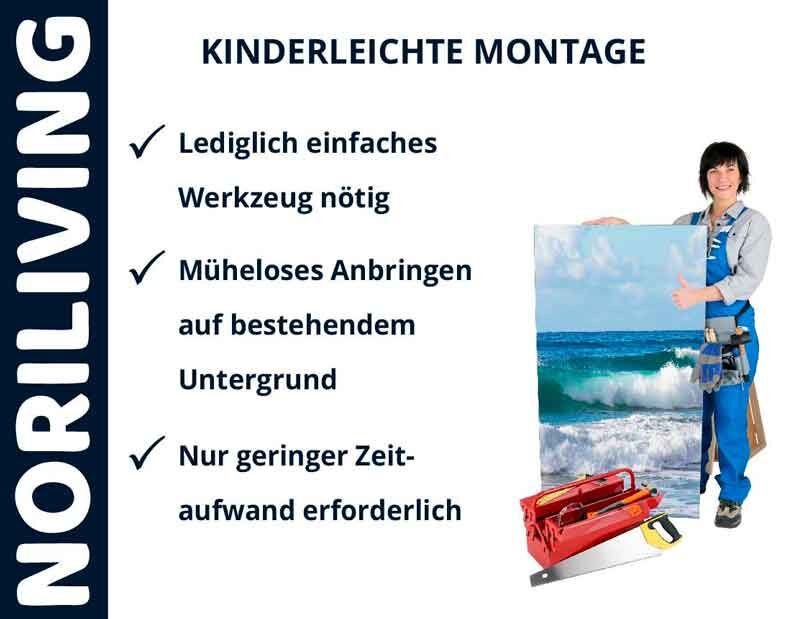 Person mit Werkzeugkasten und Bild, daneben Text mit Vorteilen der kinderleichten Montage von Noriliving-Produkten